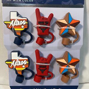 Texas Themed Silicone Straw Toppers Caps State Hook 'em Horns Star Set of 6 New